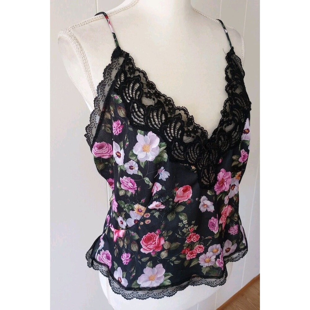 Y2K Lace Trim Cami Tank Top Satin Large Whimsigoth Coquette Black Floral